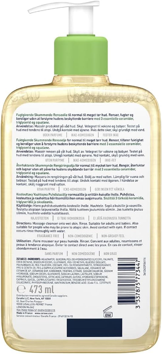 Hydrating Foaming Oil Cleanser Face Wash 473Ml, for Normal to Very Dry Skin, Suitable for Baby & Atopic-Prone Skin, for Face & Body, Squalane + Triglyceride + Ceramides, Fragrance Free