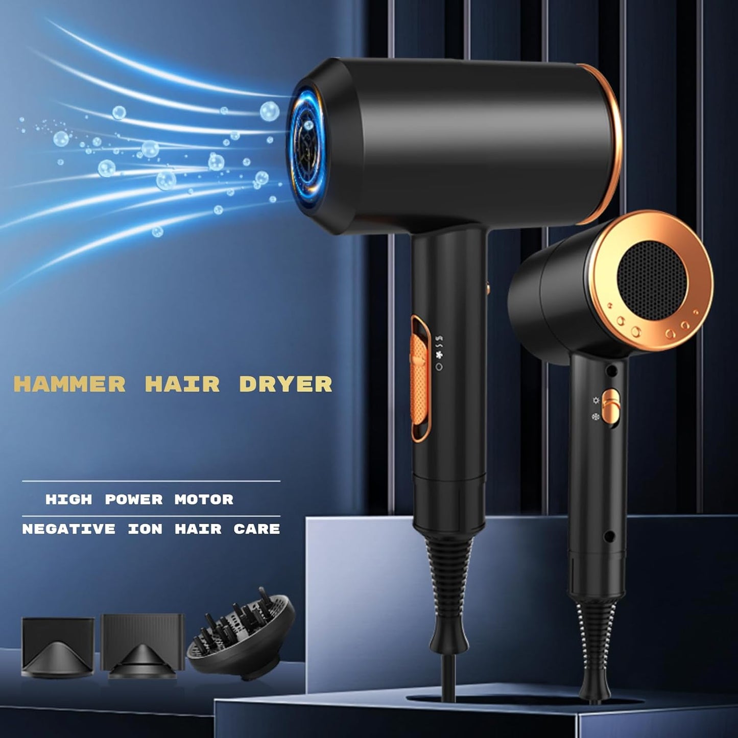 Hair Dryer with Diffuser, 2000W Professional Ionic Hair Dryer, Heating Hot and Cold Air, Constant Temperature Hair Care, for Home, Travel, Salon Use (Black)