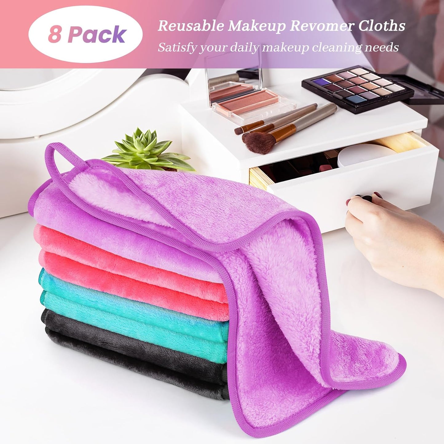 8 Pack Makeup Remover Cloth,13X7 Inch Reusable Makeup Remover Towels, Ultra Soft Microfiber Face Cloth Reusable Facial Washcloths, 4 Colors