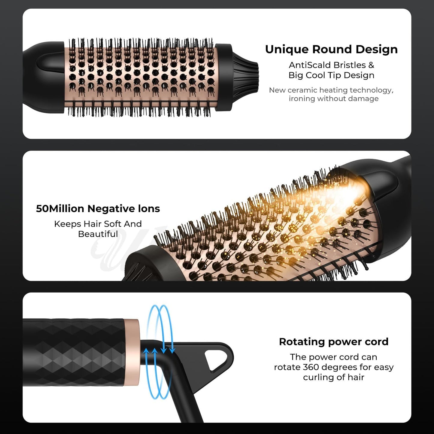 Thermal Hot Air Brush & Hair Styler with LCD Display, 3-In-1 Negative Blow Dry Brush for All Hair Types, 10 Temperature Settings