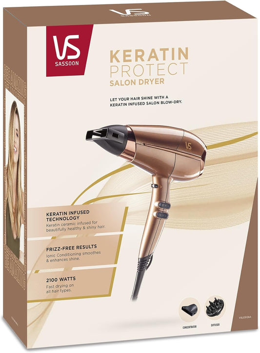 Keratin Protect 2100 Hair Dryer – 2100W HTDC Motor, 3 Heat & 2 Speed Settings, Keratin Ceramic & Ionic Conditioning, Anti-Frizz Shine, Includes Concentrator & Diffuser – Hazelnut