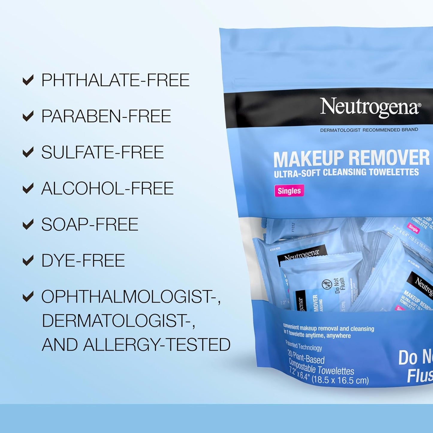Makeup Remover Facial Cleansing Towelette Singles, Daily Face Wipes Remove Dirt, Oil, Makeup & Waterproof Mascara, Gentle, Individually Wrapped, 100% Plant-Based Fibers, 20 Ct