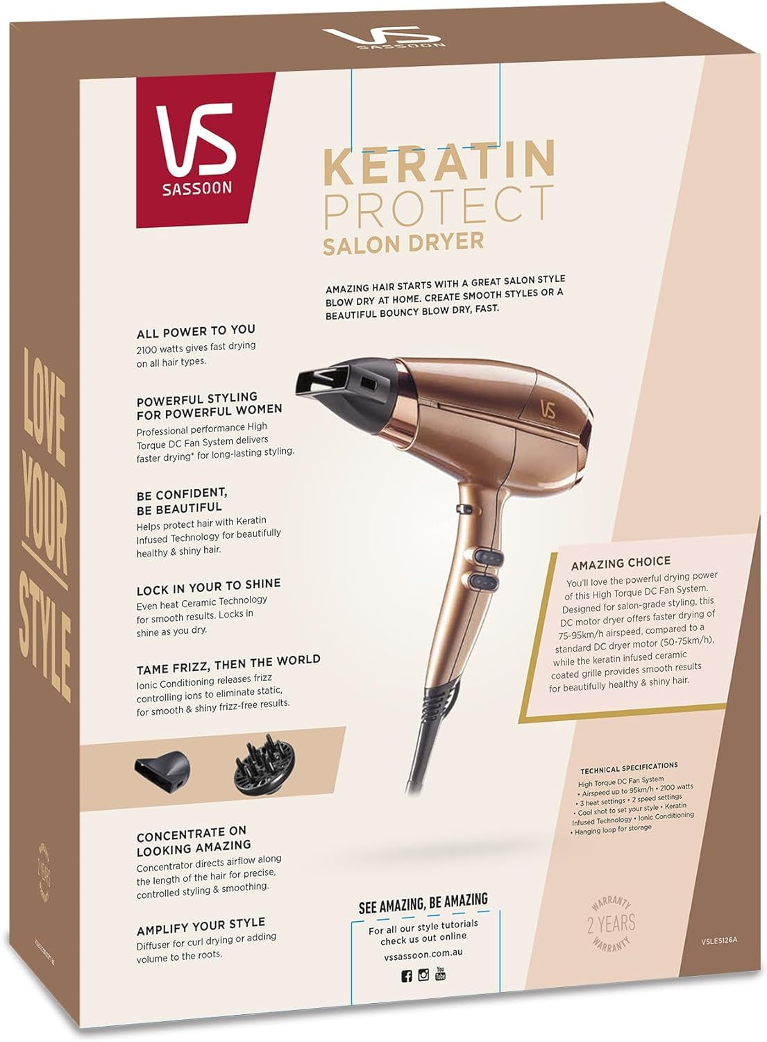 Keratin Protect 2100 Hair Dryer – 2100W HTDC Motor, 3 Heat & 2 Speed Settings, Keratin Ceramic & Ionic Conditioning, Anti-Frizz Shine, Includes Concentrator & Diffuser – Hazelnut
