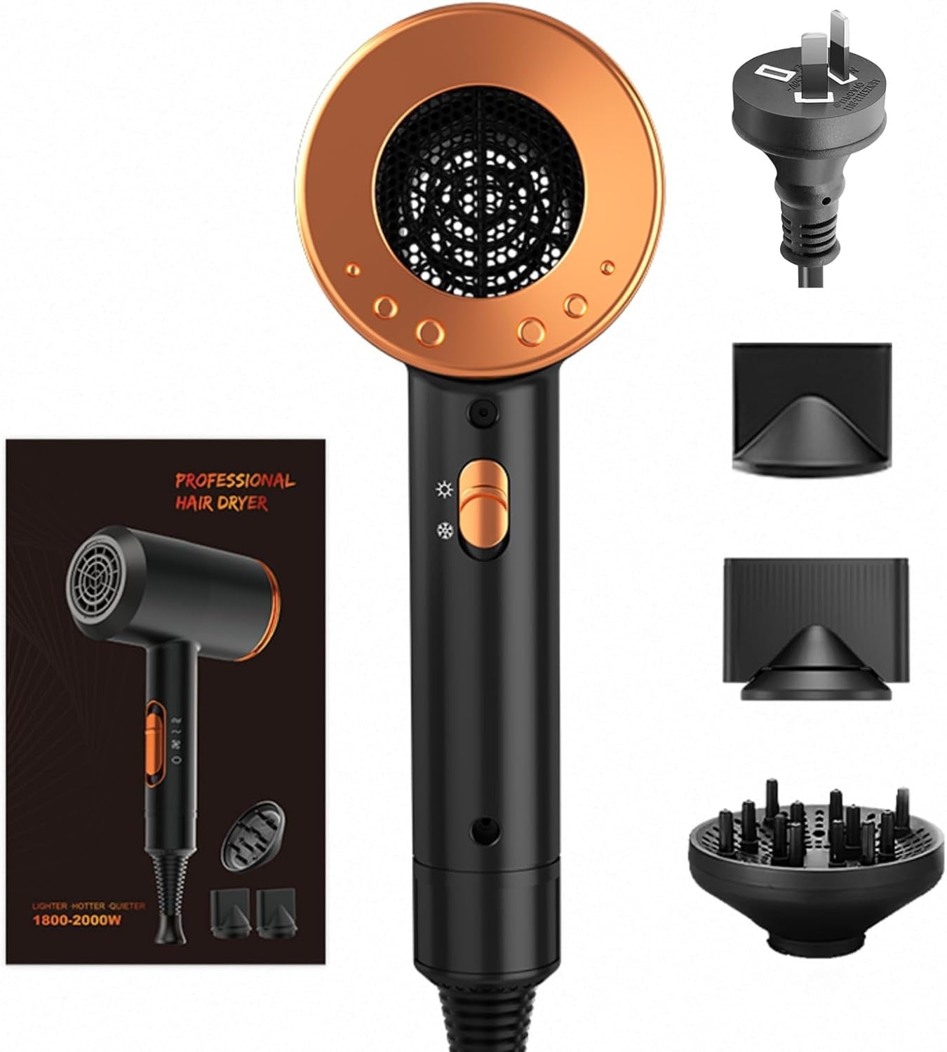 Hair Dryer with Diffuser, 2000W Professional Ionic Hair Dryer, Heating Hot and Cold Air, Constant Temperature Hair Care, for Home, Travel, Salon Use (Black)