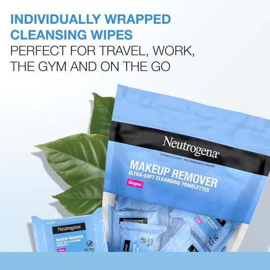 Makeup Remover Facial Cleansing Towelette Singles, Daily Face Wipes Remove Dirt, Oil, Makeup & Waterproof Mascara, Gentle, Individually Wrapped, 100% Plant-Based Fibers, 20 Ct