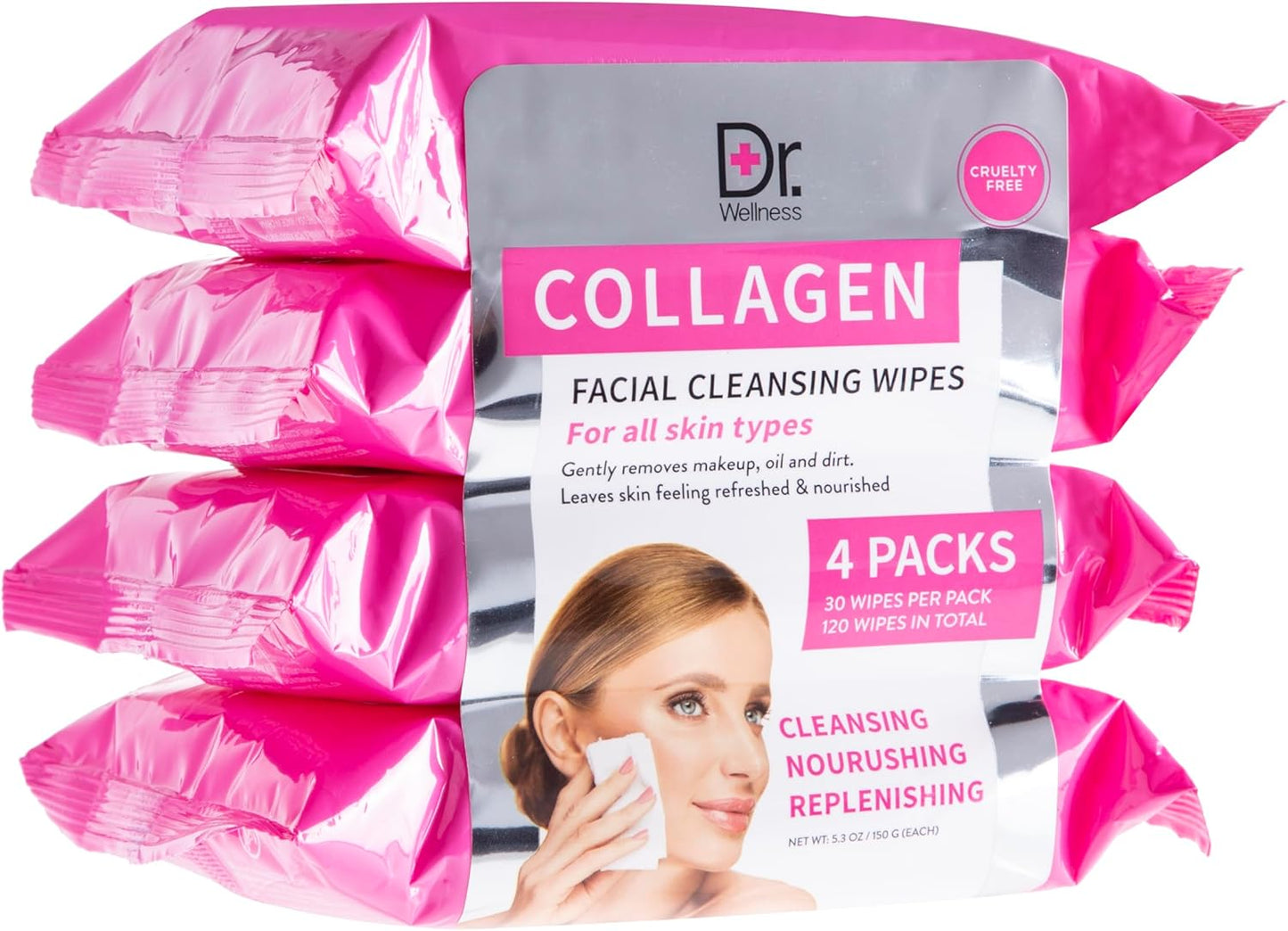 Dr. Wellness Gentle Cleansing Facial Wipes Variety Pack for All Skin Types, 30 Count (Pack of 4), Collagen