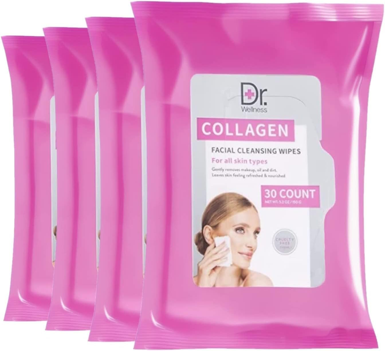 Dr. Wellness Gentle Cleansing Facial Wipes Variety Pack for All Skin Types, 30 Count (Pack of 4), Collagen