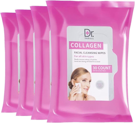 Dr. Wellness Gentle Cleansing Facial Wipes Variety Pack for All Skin Types, 30 Count (Pack of 4), Collagen