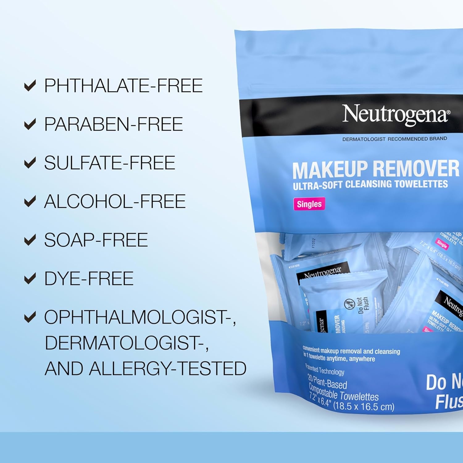 Makeup Remover Facial Cleansing Towelette Singles, Daily Face Wipes Remove Dirt, Oil, Makeup & Waterproof Mascara, Gentle, Individually Wrapped, 100% Plant-Based Fibers, 20 Ct