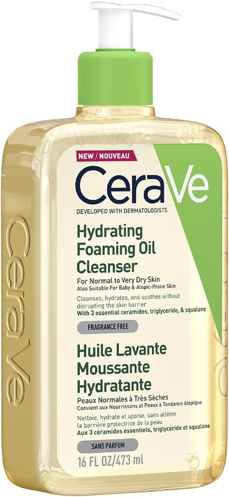 Hydrating Foaming Oil Cleanser Face Wash 473Ml, for Normal to Very Dry Skin, Suitable for Baby & Atopic-Prone Skin, for Face & Body, Squalane + Triglyceride + Ceramides, Fragrance Free