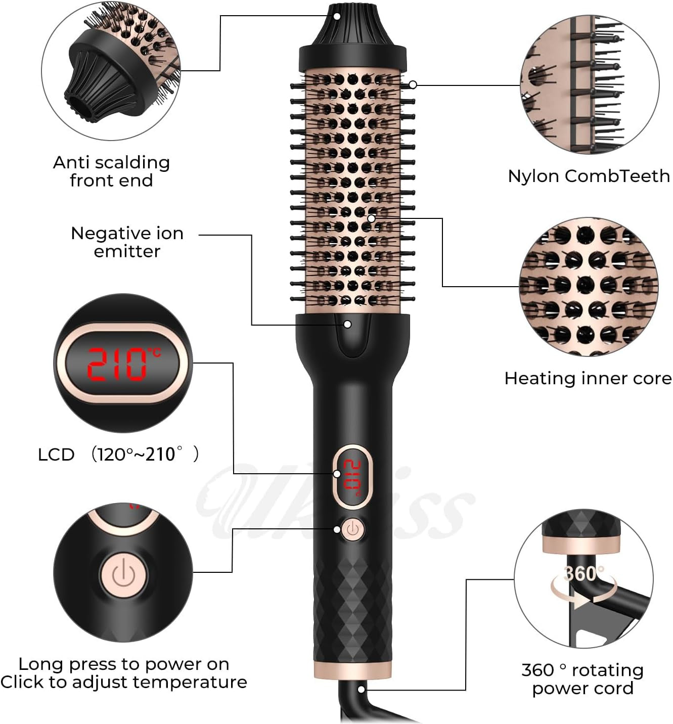 Thermal Hot Air Brush & Hair Styler with LCD Display, 3-In-1 Negative Blow Dry Brush for All Hair Types, 10 Temperature Settings